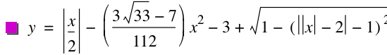 y=abs(x/2)-([(3*sqrt(33)-7)/112]*x^2)-3+sqrt(1-[abs(abs(x)-2)-1]^2)
