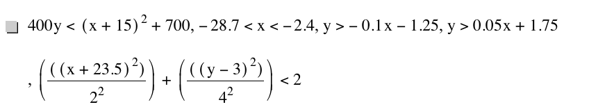 400*y<[x+15]^2+700,-28.7<x<-2.4,y>-(0.1*x)-1.25,y>0.05*x+1.75,[[[x+23.5]^2]/2^2]+[[[y-3]^2]/4^2]<2