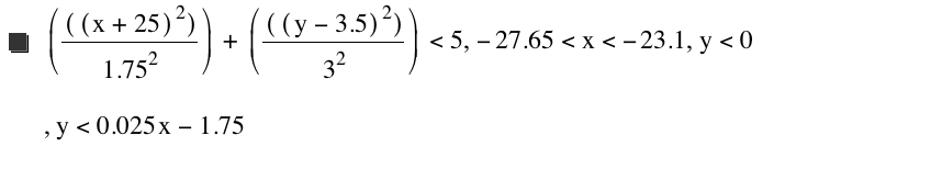 [[[x+25]^2]/1.75^2]+[[[y-3.5]^2]/3^2]<5,-27.65<x<-23.1,y<0,y<0.025*x-1.75