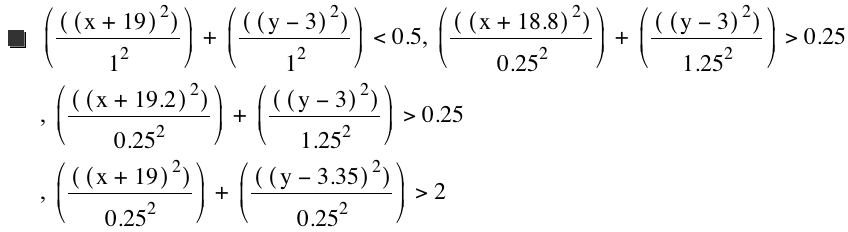[[[x+19]^2]/1^2]+[[[y-3]^2]/1^2]<0.5,[[[x+18.8]^2]/0.25^2]+[[[y-3]^2]/1.25^2]>0.25,[[[x+19.2]^2]/0.25^2]+[[[y-3]^2]/1.25^2]>0.25,[[[x+19]^2]/0.25^2]+[[[y-3.35]^2]/0.25^2]>2