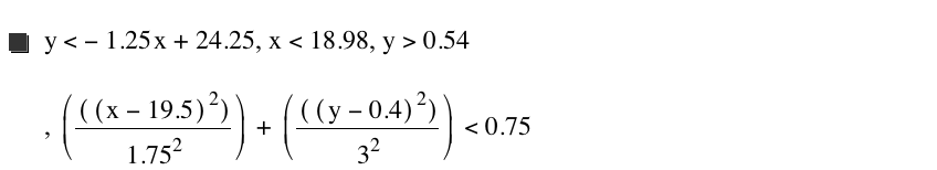 y<-(1.25*x)+24.25,x<18.98,y>0.54,[[[x-19.5]^2]/1.75^2]+[[[y-0.4]^2]/3^2]<0.75