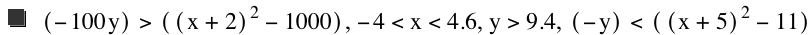 [-(100*y)]>[[x+2]^2-1000],-4<x<4.6,y>9.4,[-y]<[[x+5]^2-11]