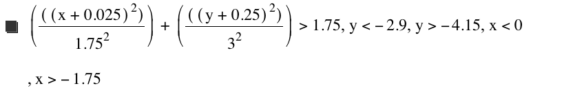 [[[x+0.025]^2]/1.75^2]+[[[y+0.25]^2]/3^2]>1.75,y<-2.9,y>-4.15,x<0,x>-1.75