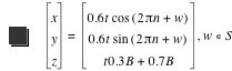 vector(x,y,z)=vector(0.6*t*cos([2*pi*n+w]),0.6*t*sin([2*pi*n+w]),t*0.3*B+0.7*B),in(w,S)