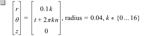 vector(r,theta,z)=vector(0.1*k,t+2*pi*k*n,0),'radius'=0.04,in(k,set(0*ldots*16))