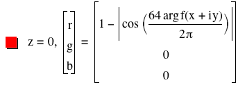 z=0,vector(r,g,b)=vector(1-abs(cos([64*arg(function(f,x+i*y))/(2*pi)])),0,0)