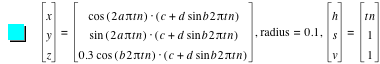 vector(x,y,z)=vector(cos([2*a*pi*t*n])*[c+d*sin(b*2*pi*t*n)],sin([2*a*pi*t*n])*[c+d*sin(b*2*pi*t*n)],0.3*cos([b*2*pi*t*n])*[c+d*sin(b*2*pi*t*n)]),'radius'=0.1,vector(h,s,v)=vector(t*n,1,1)