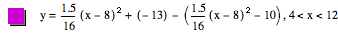 y=1.5/16*[x-8]^2+[-13]-[1.5/16*[x-8]^2-10],4<x<12