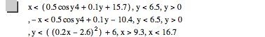 x<[0.5*cos(y*4)+0.1*y+15.7],y<6.5,y>0,-x<0.5*cos(y*4)+0.1*y-10.4,y<6.5,y>0,y<[[0.2*x-2.6]^2]+6,x>9.300000000000001,x<16.7