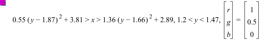 0.55*[y-1.87]^2+3.81>x>1.36*[y-1.66]^2+2.89,1.2<y<1.47,vector(r,g,b)=vector(1,0.5,0)