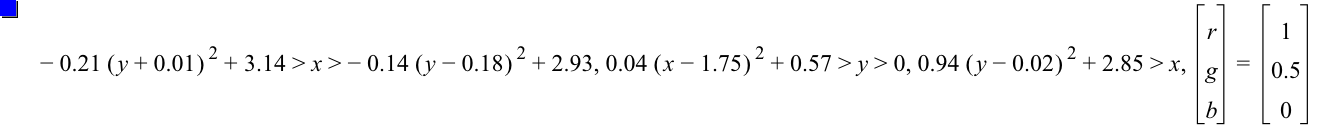 -(0.21*[y+0.01]^2)+3.14>x>-(0.14*[y-0.18]^2)+2.93,0.04*[x-1.75]^2+0.57>y>0,0.9399999999999999*[y-0.02]^2+2.85>x,vector(r,g,b)=vector(1,0.5,0)