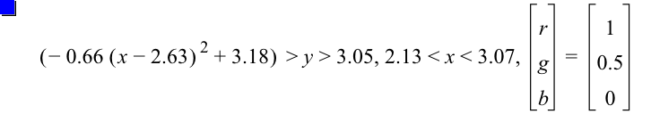 [-(0.66*[x-2.63]^2)+3.18]>y>3.05,2.13<x<3.07,vector(r,g,b)=vector(1,0.5,0)