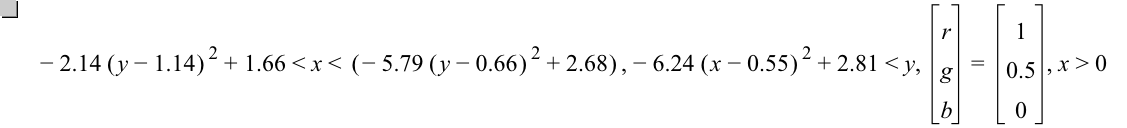 -(2.14*[y-1.14]^2)+1.66<x<[-(5.79*[y-0.66]^2)+2.68],-(6.24*[x-0.55]^2)+2.81<y,vector(r,g,b)=vector(1,0.5,0),x>0