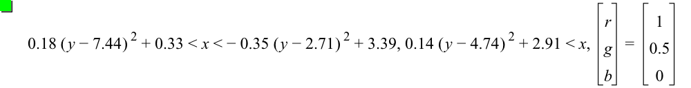 0.18*[y-7.44]^2+0.33<x<-(0.35*[y-2.71]^2)+3.39,0.14*[y-4.74]^2+2.91<x,vector(r,g,b)=vector(1,0.5,0)