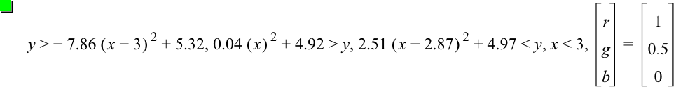 y>-(7.86*[x-3]^2)+5.32,0.04*[x]^2+4.92>y,2.51*[x-2.87]^2+4.97<y,x<3,vector(r,g,b)=vector(1,0.5,0)