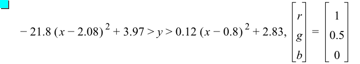 -(21.8*[x-2.08]^2)+3.97>y>0.12*[x-0.8]^2+2.83,vector(r,g,b)=vector(1,0.5,0)