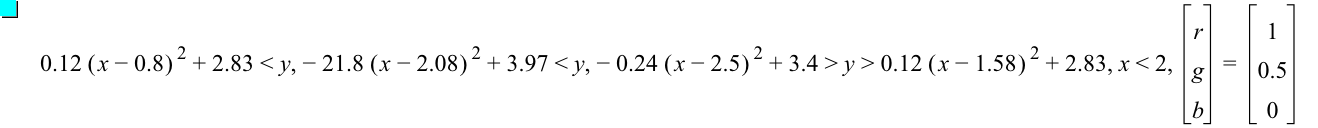 0.12*[x-0.8]^2+2.83<y,-(21.8*[x-2.08]^2)+3.97<y,-(0.24*[x-2.5]^2)+3.4>y>0.12*[x-1.58]^2+2.83,x<2,vector(r,g,b)=vector(1,0.5,0)