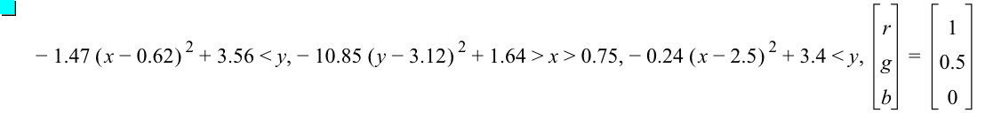 -(1.47*[x-0.62]^2)+3.56<y,-(10.85*[y-3.12]^2)+1.64>x>0.75,-(0.24*[x-2.5]^2)+3.4<y,vector(r,g,b)=vector(1,0.5,0)