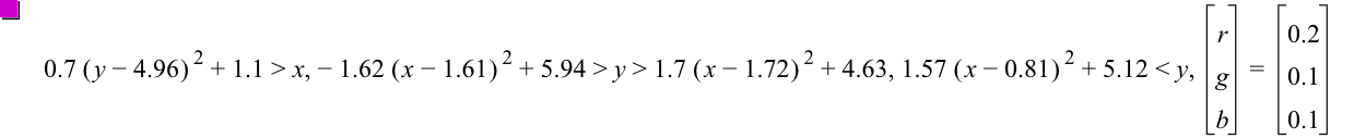 0.7*[y-4.96]^2+1.1>x,-(1.62*[x-1.61]^2)+5.94>y>1.7*[x-1.72]^2+4.63,1.57*[x-0.8100000000000001]^2+5.12<y,vector(r,g,b)=vector(0.2,0.1,0.1)