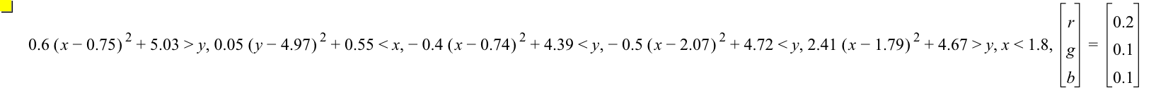 0.6*[x-0.75]^2+5.03>y,0.05*[y-4.97]^2+0.55<x,-(0.4*[x-0.74]^2)+4.39<y,-(0.5*[x-2.07]^2)+4.72<y,2.41*[x-1.79]^2+4.67>y,x<1.8,vector(r,g,b)=vector(0.2,0.1,0.1)