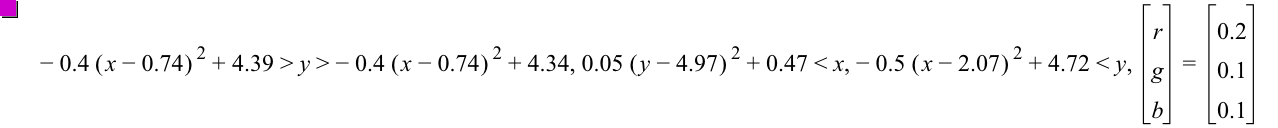 -(0.4*[x-0.74]^2)+4.39>y>-(0.4*[x-0.74]^2)+4.34,0.05*[y-4.97]^2+0.47<x,-(0.5*[x-2.07]^2)+4.72<y,vector(r,g,b)=vector(0.2,0.1,0.1)