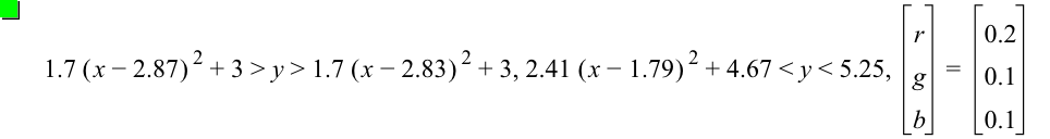 1.7*[x-2.87]^2+3>y>1.7*[x-2.83]^2+3,2.41*[x-1.79]^2+4.67<y<5.25,vector(r,g,b)=vector(0.2,0.1,0.1)