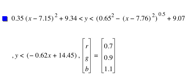 0.35*[x-7.15]^2+9.34<y<[0.65^2-[x-7.76]^2]^0.5+9.07,y<[-(0.62*x)+14.45],vector(r,g,b)=vector(0.7,0.9,1.1)
