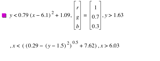 y<0.79*[x-6.1]^2+1.09,vector(r,g,b)=vector(1,0.7,0.3),y>1.63,x<[[0.29-[y-1.5]^2]^0.5+7.62],x>6.03