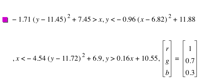 -(1.71*[y-11.45]^2)+7.45>x,y<-(0.96*[x-6.82]^2)+11.88,x<-(4.54*[y-11.72]^2)+6.9,y>0.16*x+10.55,vector(r,g,b)=vector(1,0.7,0.3)