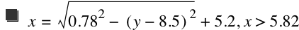 x=sqrt(0.78^2-[y-8.5]^2)+5.2,x>5.82