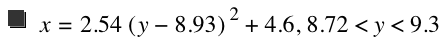 x=2.54*[y-8.93]^2+4.6,8.720000000000001<y<9.300000000000001