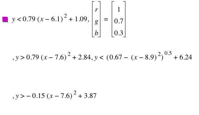 y<0.79*[x-6.1]^2+1.09,vector(r,g,b)=vector(1,0.7,0.3),y>0.79*[x-7.6]^2+2.84,y<[0.67-[x-8.9]^2]^0.5+6.24,y>-(0.15*[x-7.6]^2)+3.87
