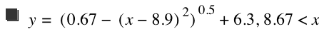 y=[0.67-[x-8.9]^2]^0.5+6.3,8.67<x