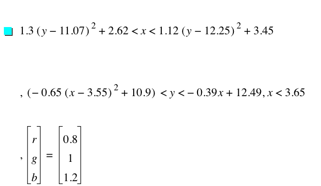 1.3*[y-11.07]^2+2.62<x<1.12*[y-12.25]^2+3.45,[-(0.65*[x-3.55]^2)+10.9]<y<-(0.39*x)+12.49,x<3.65,vector(r,g,b)=vector(0.8,1,1.2)