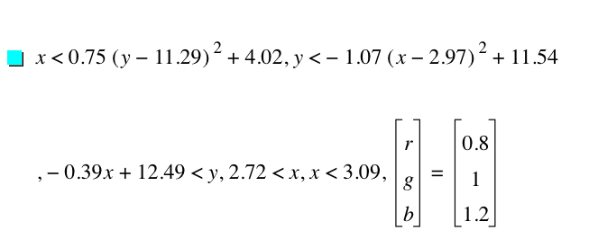 x<0.75*[y-11.29]^2+4.02,y<-(1.07*[x-2.97]^2)+11.54,-(0.39*x)+12.49<y,2.72<x,x<3.09,vector(r,g,b)=vector(0.8,1,1.2)