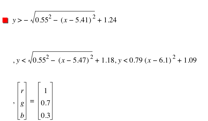 y>-sqrt(0.55^2-[x-5.41]^2)+1.24,y<sqrt(0.55^2-[x-5.47]^2)+1.18,y<0.79*[x-6.1]^2+1.09,vector(r,g,b)=vector(1,0.7,0.3)