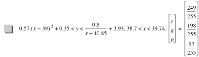 0.57*[x-39]^2+0.35<y<0.8/(x-40.85)+3.93,38.7<x<39.74,vector(r,g,b)=vector(249/255,198/255,97/255)