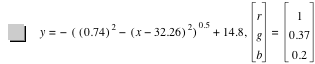 y=-[[0.74]^2-[x-32.26]^2]^0.5+14.8,vector(r,g,b)=vector(1,0.37,0.2)