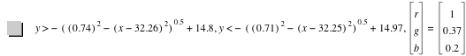 y>-[[0.74]^2-[x-32.26]^2]^0.5+14.8,y<-[[0.71]^2-[x-32.25]^2]^0.5+14.97,vector(r,g,b)=vector(1,0.37,0.2)