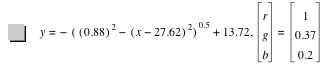 y=-[[0.88]^2-[x-27.62]^2]^0.5+13.72,vector(r,g,b)=vector(1,0.37,0.2)