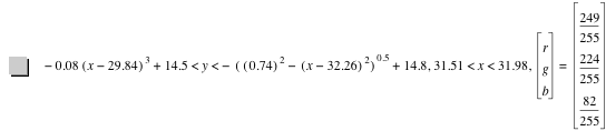 -(0.08*[x-29.84]^3)+14.5<y<-[[0.74]^2-[x-32.26]^2]^0.5+14.8,31.51<x<31.98,vector(r,g,b)=vector(249/255,224/255,82/255)