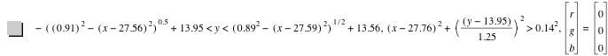-[[0.91]^2-[x-27.56]^2]^0.5+13.95<y<[0.89^2-[x-27.59]^2]^(1/2)+13.56,[x-27.76]^2+[[y-13.95]/1.25]^2>0.14^2,vector(r,g,b)=vector(0,0,0)