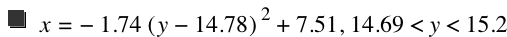 x=-(1.74*[y-14.78]^2)+7.51,14.69<y<15.2