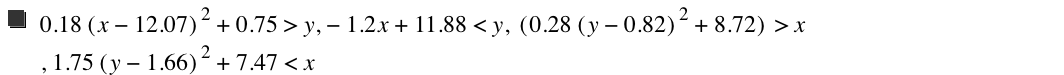 0.18*[x-12.07]^2+0.75>y,-(1.2*x)+11.88<y,[0.28*[y-0.82]^2+8.720000000000001]>x,1.75*[y-1.66]^2+7.47<x