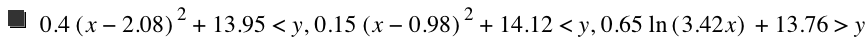 0.4*[x-2.08]^2+13.95<y,0.15*[x-0.98]^2+14.12<y,0.65*ln([3.42*x])+13.76>y