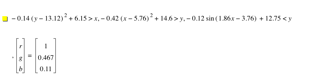 -(0.14*[y-13.12]^2)+6.15>x,-(0.42*[x-5.76]^2)+14.6>y,-(0.12*sin([1.86*x-3.76]))+12.75<y,vector(r,g,b)=vector(1,0.467,0.11)
