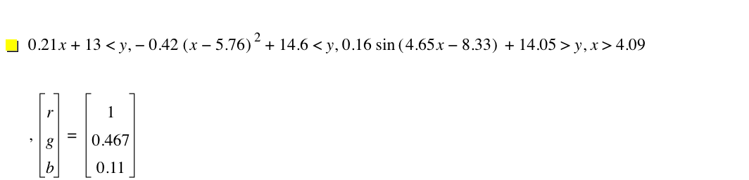 0.21*x+13<y,-(0.42*[x-5.76]^2)+14.6<y,0.16*sin([4.65*x-8.33])+14.05>y,x>4.09,vector(r,g,b)=vector(1,0.467,0.11)