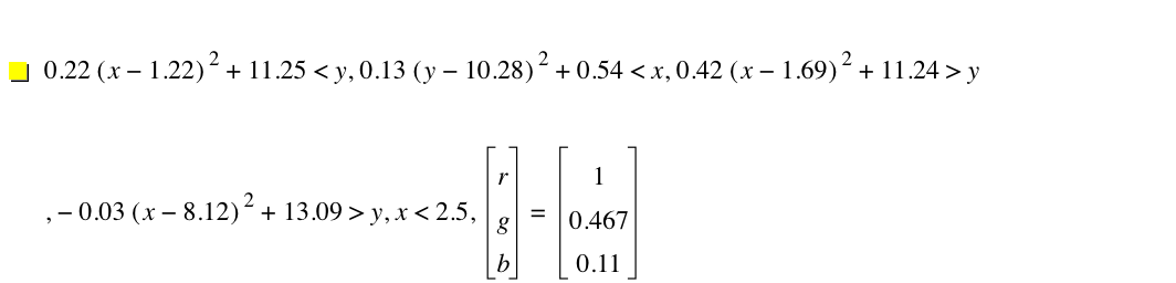 0.22*[x-1.22]^2+11.25<y,0.13*[y-10.28]^2+0.54<x,0.42*[x-1.69]^2+11.24>y,-(0.03*[x-8.119999999999999]^2)+13.09>y,x<2.5,vector(r,g,b)=vector(1,0.467,0.11)