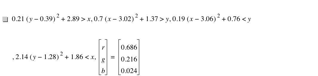 0.21*[y-0.39]^2+2.89>x,0.7*[x-3.02]^2+1.37>y,0.19*[x-3.06]^2+0.76<y,2.14*[y-1.28]^2+1.86<x,vector(r,g,b)=vector(0.6860000000000001,0.216,0.024)