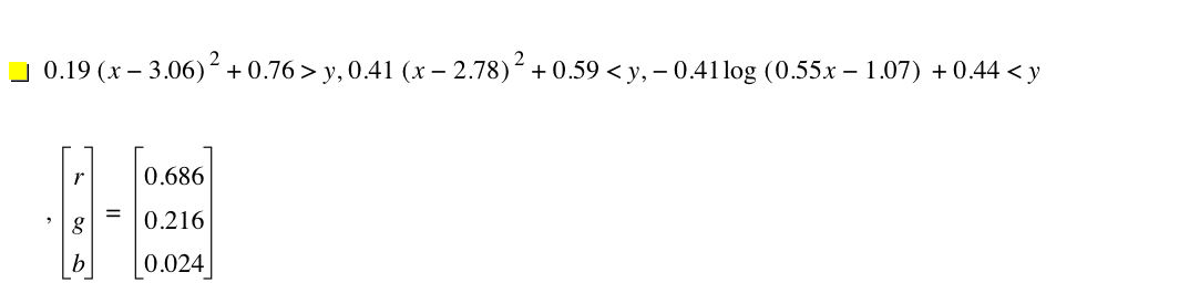 0.19*[x-3.06]^2+0.76>y,0.41*[x-2.78]^2+0.59<y,-(0.41*log([0.55*x-1.07]))+0.44<y,vector(r,g,b)=vector(0.6860000000000001,0.216,0.024)